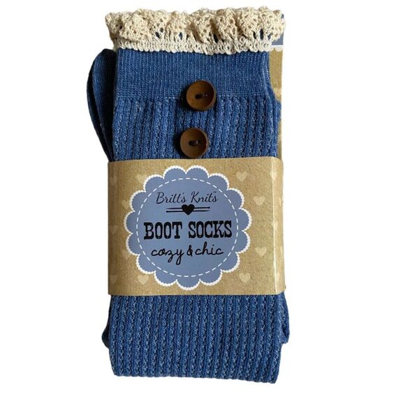 NEW Britt's Knits Boot Socks Frilled Blue Two Buttons Cuff Lace One Size - Picture 2 of 6